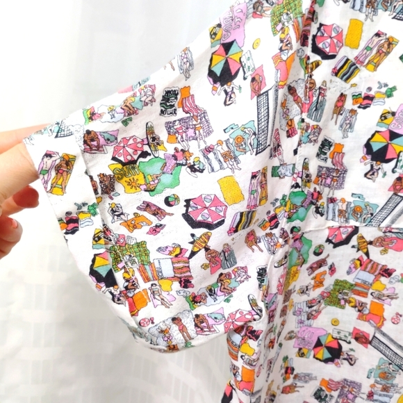 Nicole Miller Linen Summer Top Camp Shirt Button Down Colorful Beach Pattern XL - Picture 12 of 16